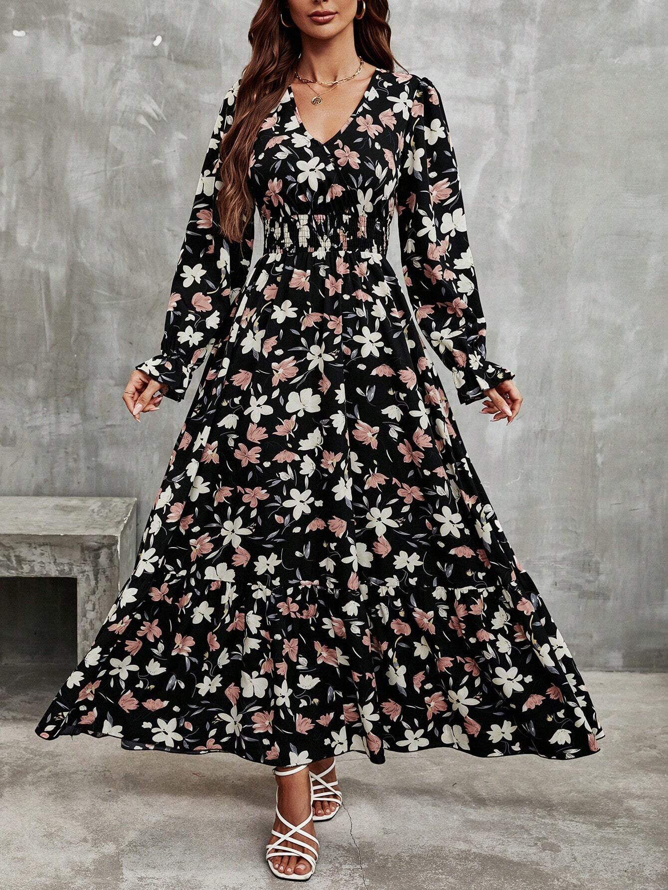 Buy SHEIN Frenchy Floral Print Flounce Sleeve Ruffle Hem Dress in Pakistan