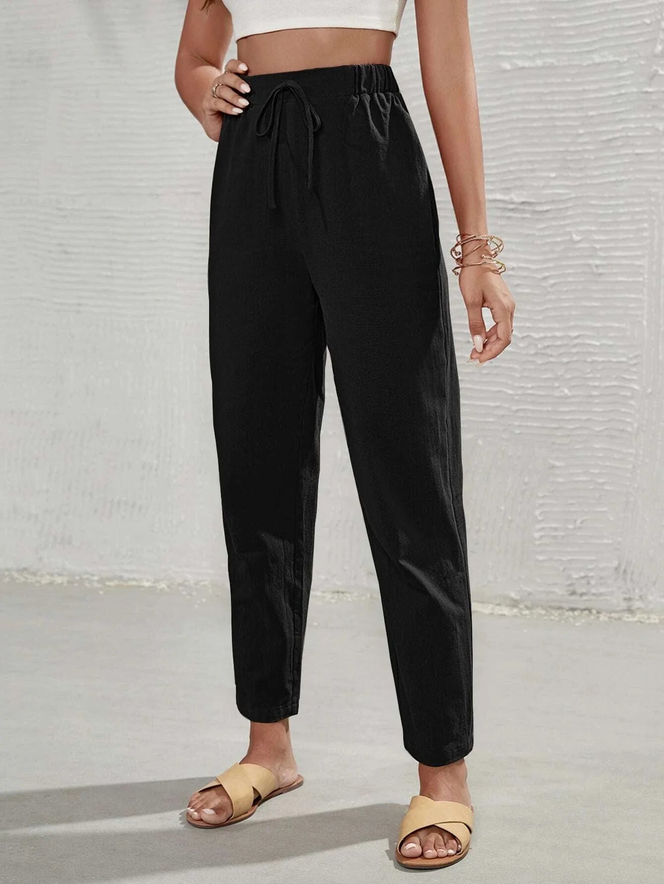 Buy SHEIN Frenchy High Waist Tie Front Tapered Pants in Pakistan