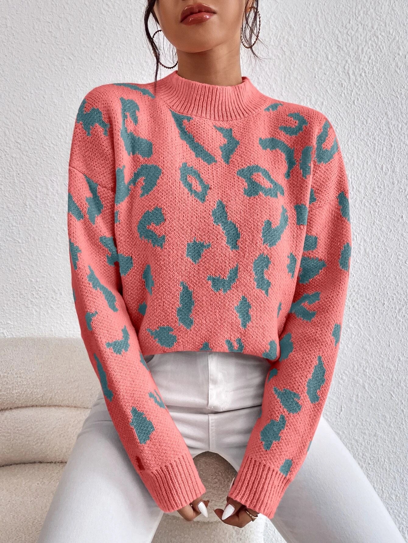 Buy SHEIN Frenchy Leopard Pattern Mock Neck Drop Shoulder Sweater in Pakistan