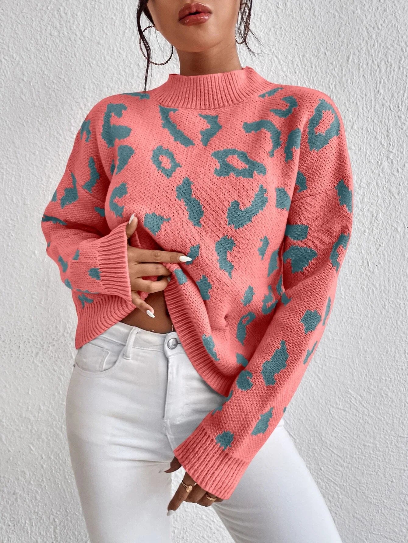 Buy SHEIN Frenchy Leopard Pattern Mock Neck Drop Shoulder Sweater in Pakistan