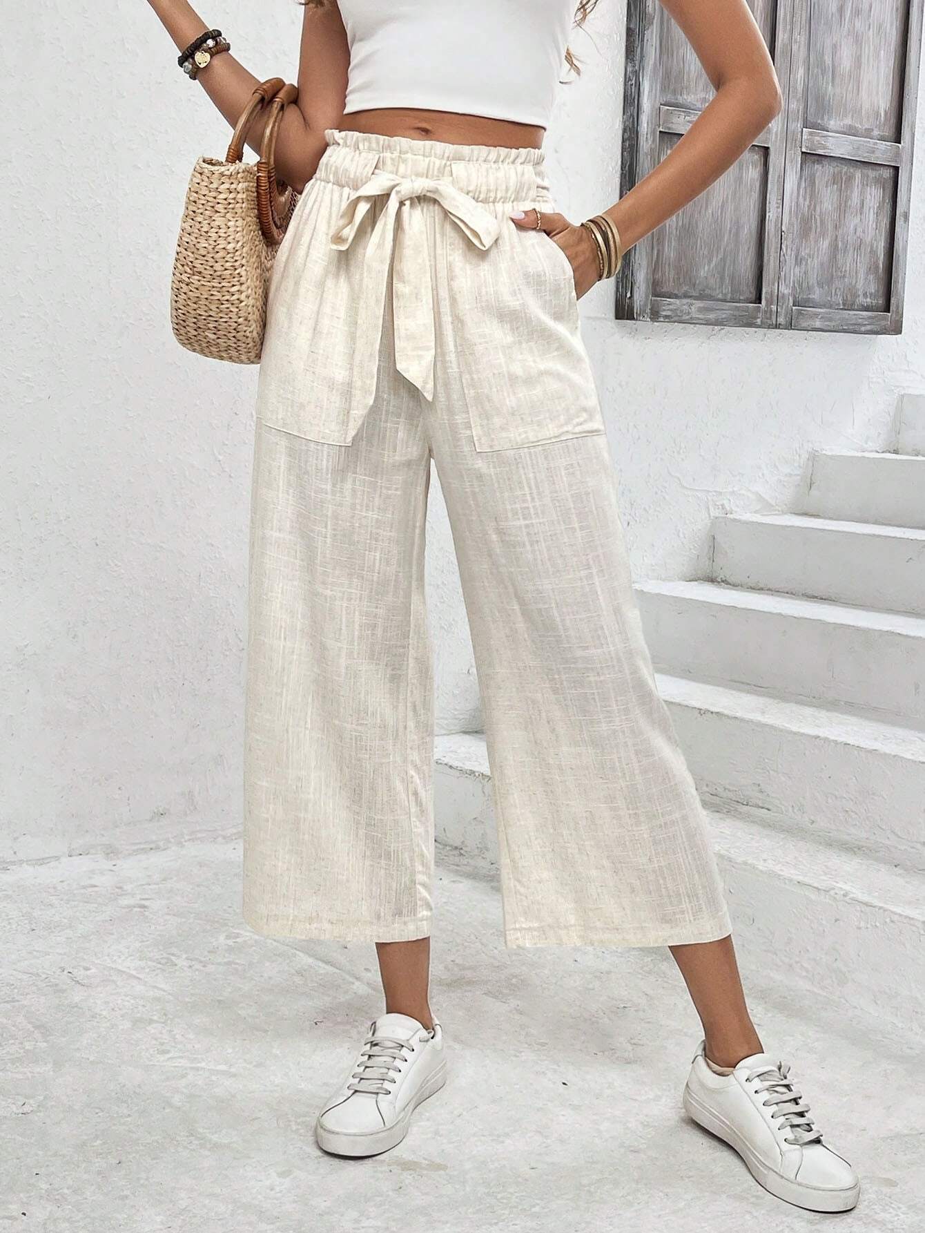 Buy SHEIN Frenchy Solid Color Pocketed Tie-Waist Paper Bag Pants, Casual Long Trousers in Pakistan