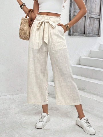 Buy SHEIN Frenchy Solid Color Pocketed Tie-Waist Paper Bag Pants, Casual Long Trousers in Pakistan