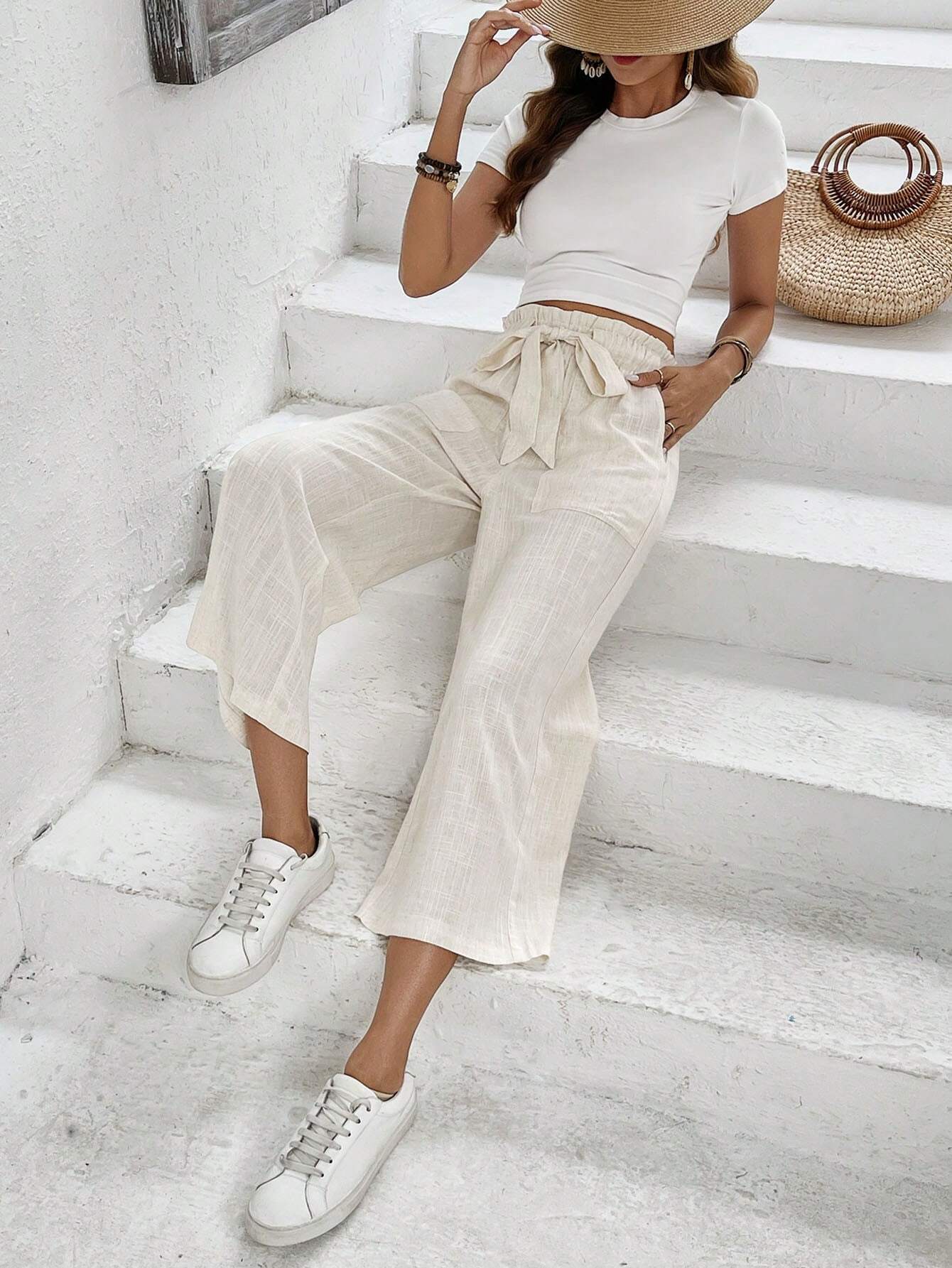 Buy SHEIN Frenchy Solid Color Pocketed Tie-Waist Paper Bag Pants, Casual Long Trousers in Pakistan