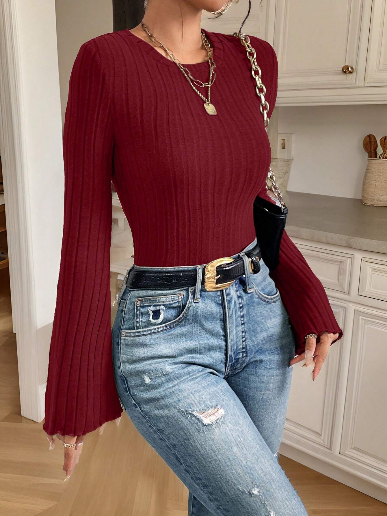 Buy SHEIN Frenchy Women's Fall Winter Autumn Casual Solid Color Bell Sleeve Textured Fabric Crew Neck T-Shirt, in Pakistan