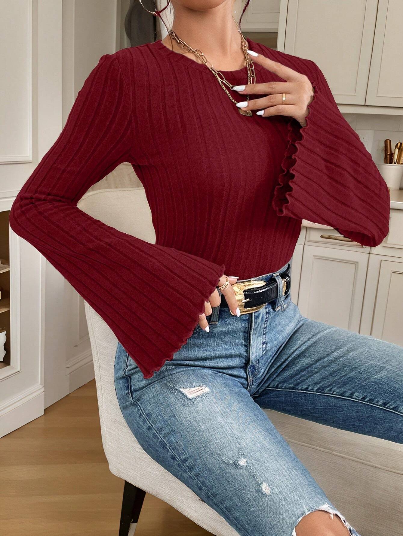 Buy SHEIN Frenchy Women's Fall Winter Autumn Casual Solid Color Bell Sleeve Textured Fabric Crew Neck T-Shirt, in Pakistan