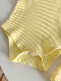 Buy SHEIN Genkimix Kids Baby Girls' Holiday Leisure Style Textured Fabric Short Sleeved Shirt + Shorts + Suspenders Romper 3pcs Set - Perfect For Daily Wear, Exclusive For Summer in Pakistan