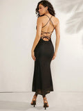 Buy SHEIN Haute Elegant Floral Print Lace Up Backless Halter Neck Dress in Pakistan