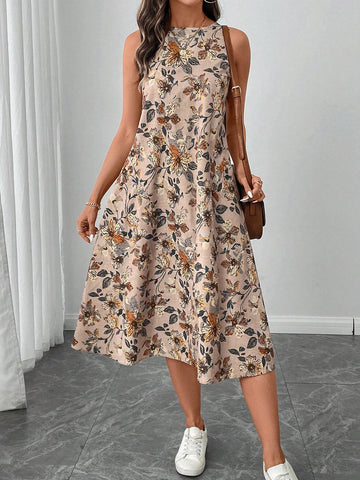 Buy SHEIN LUNE Crew Neck Sleeveless Floral Print A-Line Midi Dress in Pakistan
