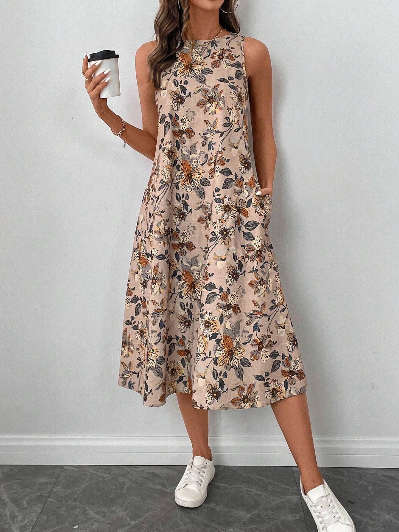 Buy SHEIN LUNE Crew Neck Sleeveless Floral Print A-Line Midi Dress in Pakistan
