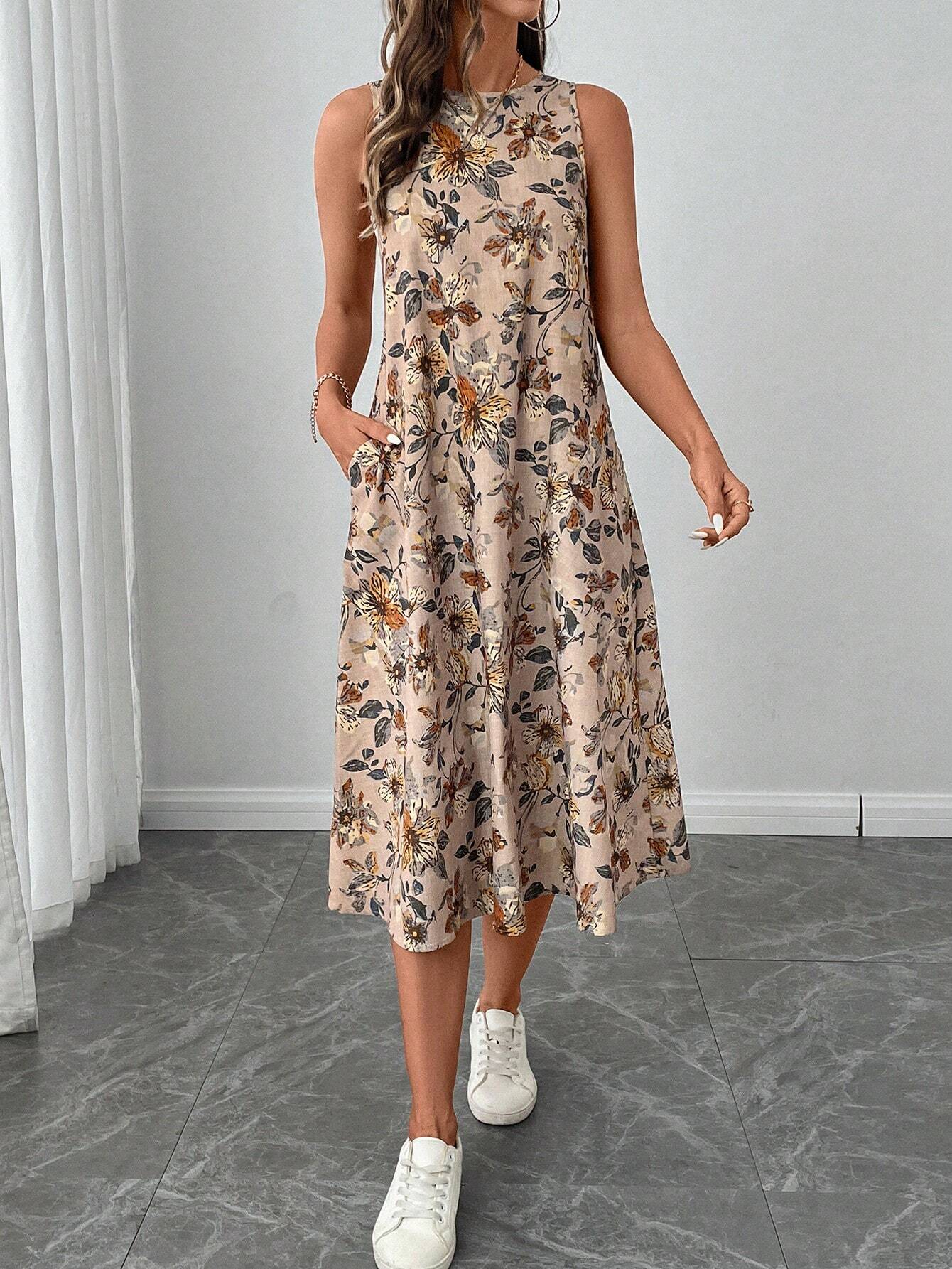 Buy SHEIN LUNE Crew Neck Sleeveless Floral Print A-Line Midi Dress in Pakistan