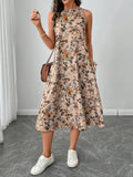 Buy SHEIN LUNE Crew Neck Sleeveless Floral Print A-Line Midi Dress in Pakistan