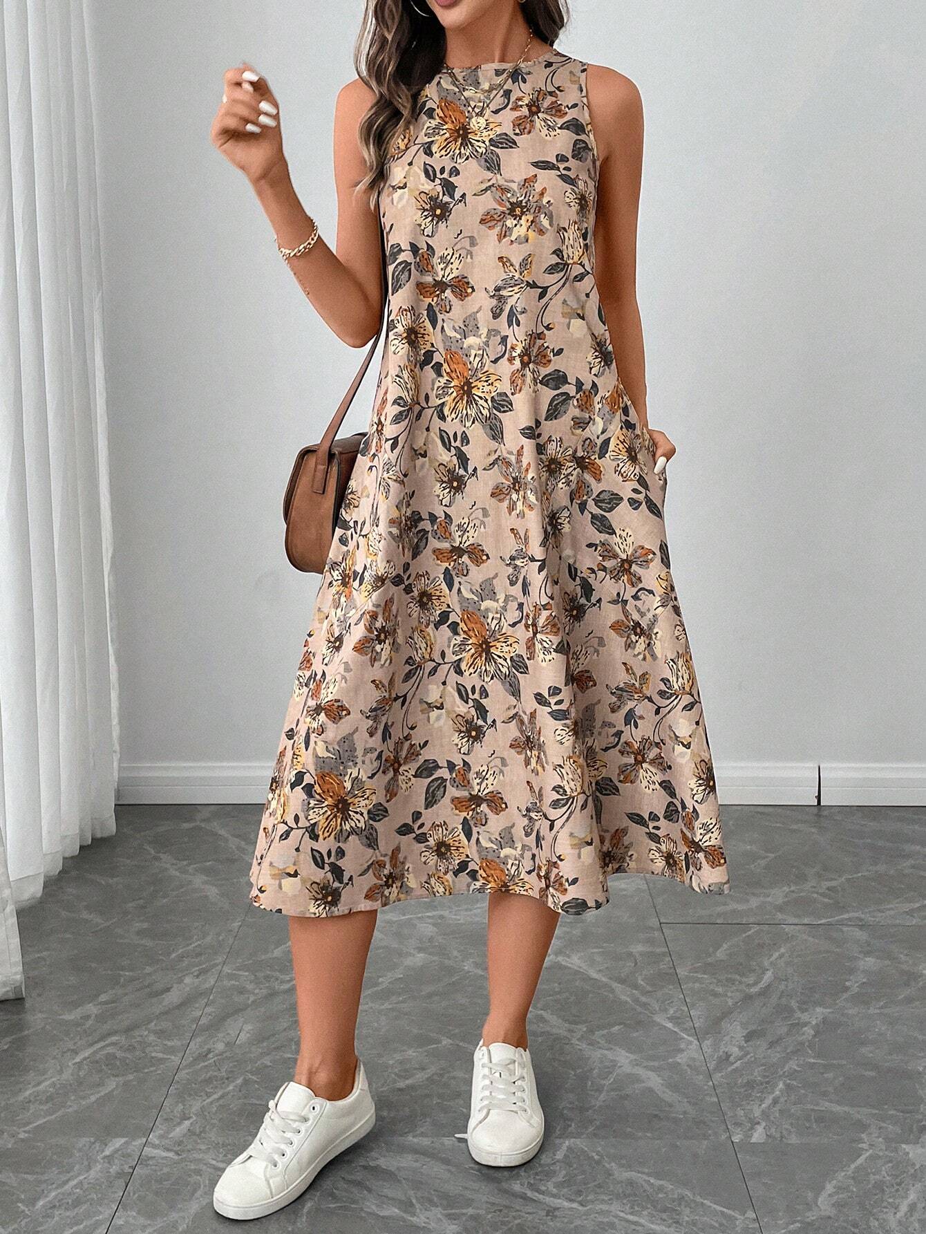 Buy SHEIN LUNE Crew Neck Sleeveless Floral Print A-Line Midi Dress in Pakistan