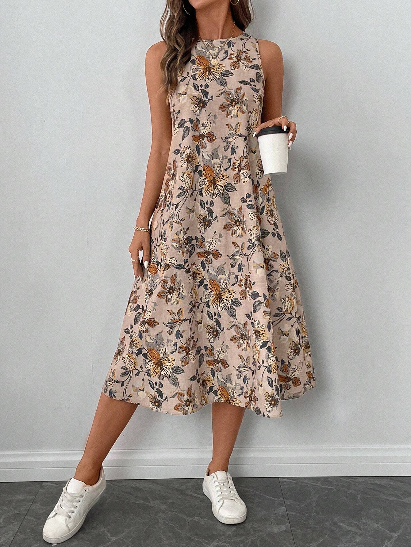 Buy SHEIN LUNE Crew Neck Sleeveless Floral Print A-Line Midi Dress in Pakistan