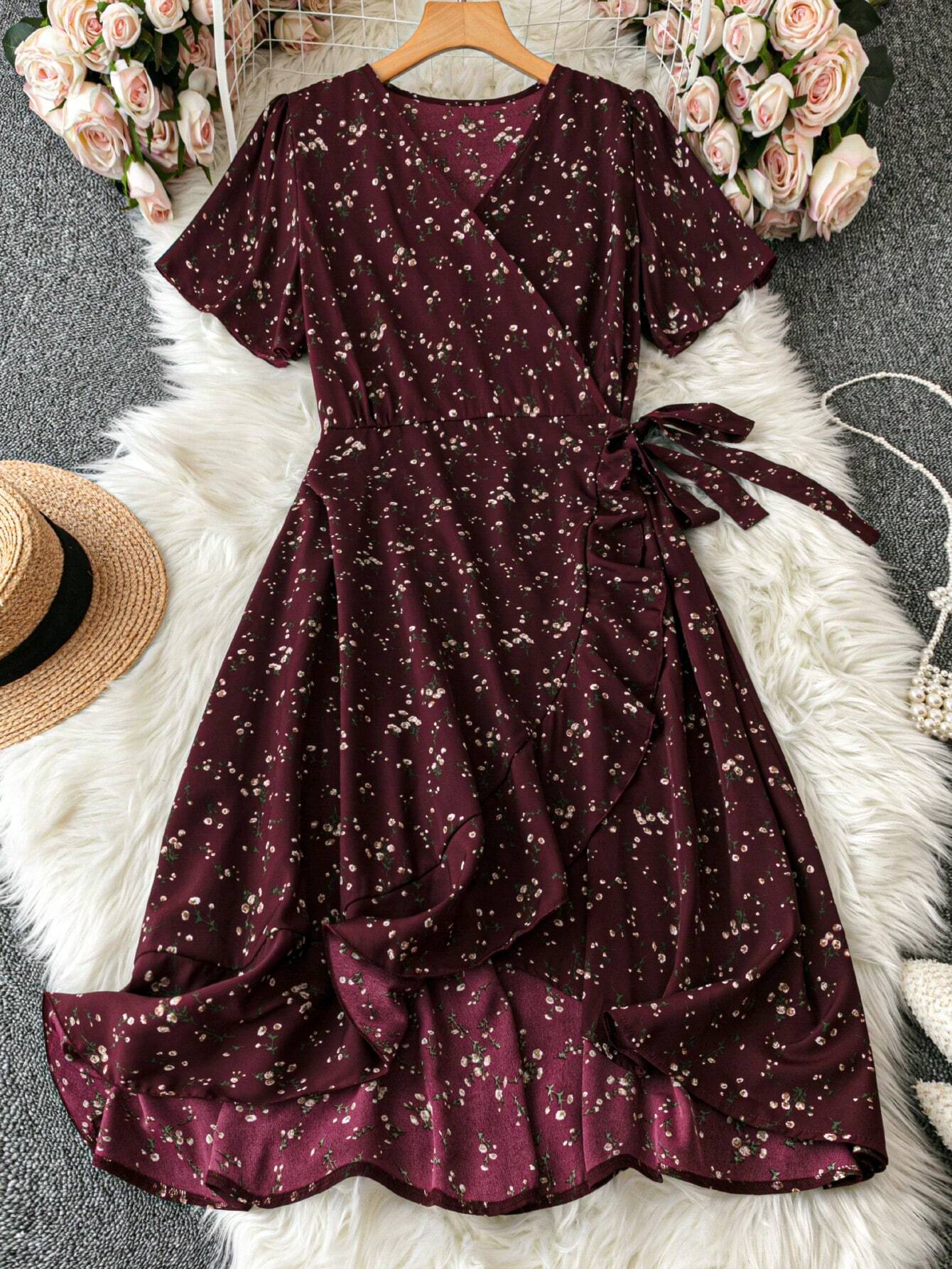 Buy SHEIN LUNE Cross-Wrap Thigh High Slit Cinched Floral Dress For Women Burgundy Color Women Outfit in Pakistan