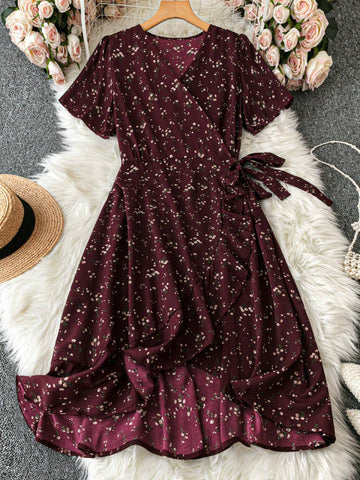 Buy SHEIN LUNE Cross-Wrap Thigh High Slit Cinched Floral Dress For Women Burgundy Color Women Outfit in Pakistan