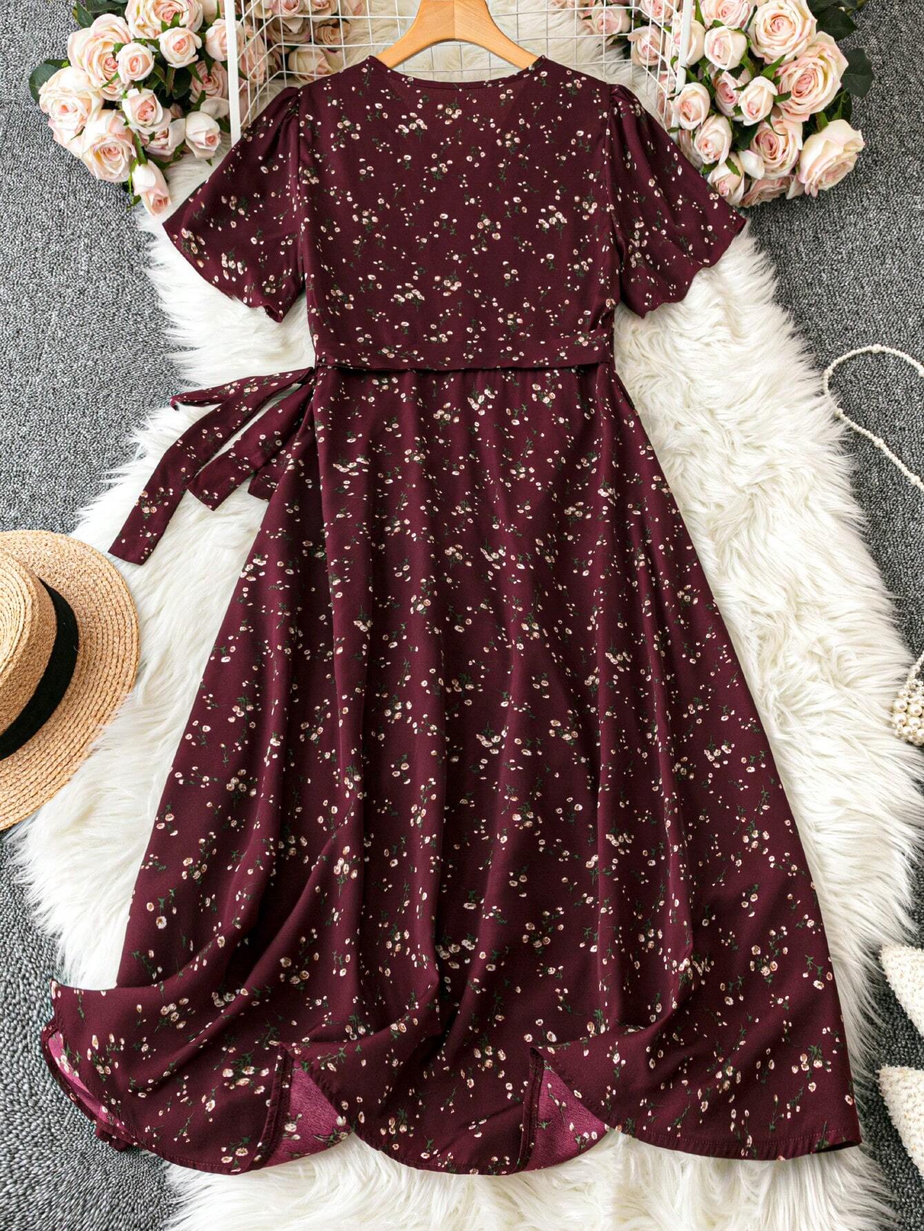 Buy SHEIN LUNE Cross-Wrap Thigh High Slit Cinched Floral Dress For Women Burgundy Color Women Outfit in Pakistan