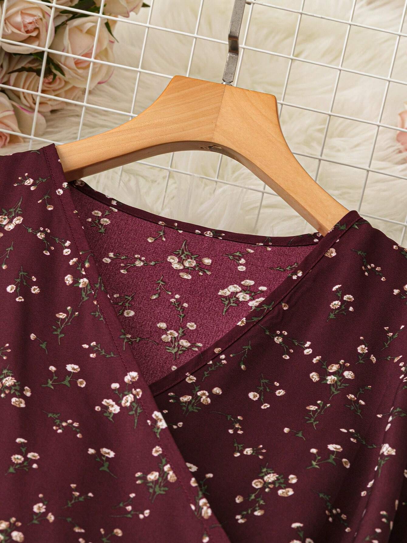 Buy SHEIN LUNE Cross-Wrap Thigh High Slit Cinched Floral Dress For Women Burgundy Color Women Outfit in Pakistan