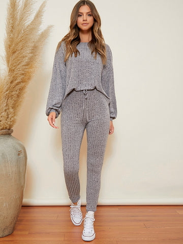 Buy SHEIN LUNE Drop Shoulder Marled Top & Knot Waist Leggings Set in Pakistan