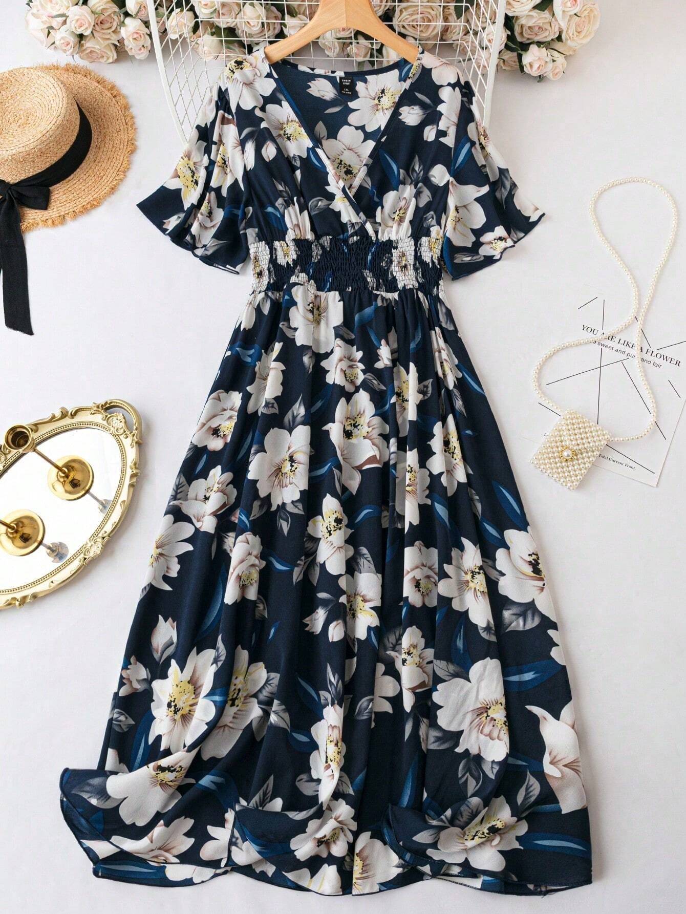 Buy SHEIN LUNE Floral Print V-Neck Waist-Cinched Dress in Pakistan