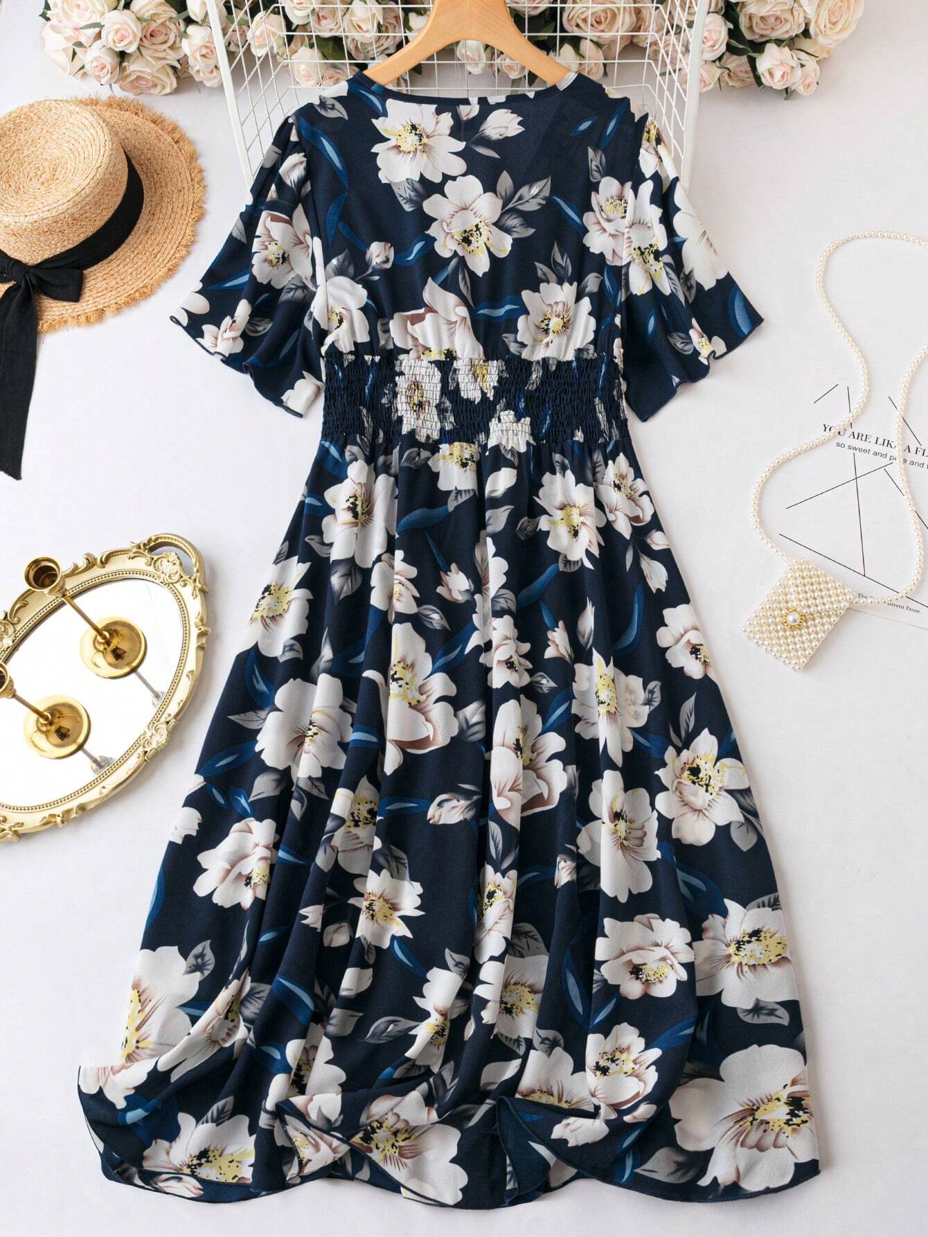 Buy SHEIN LUNE Floral Print V-Neck Waist-Cinched Dress in Pakistan