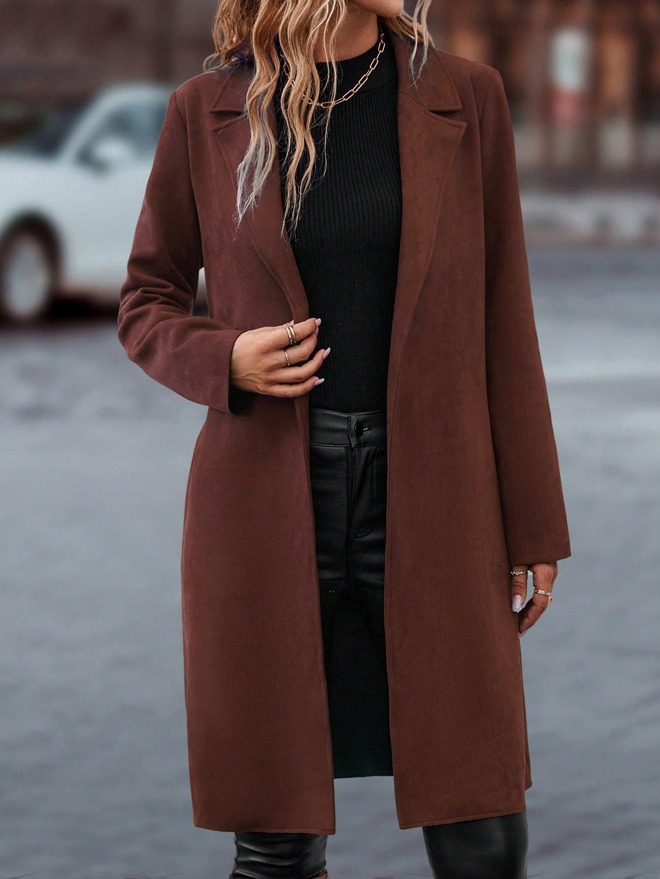 Buy SHEIN LUNE Lapel Neck Slant Pockets Open Front Belted Coat in Pakistan