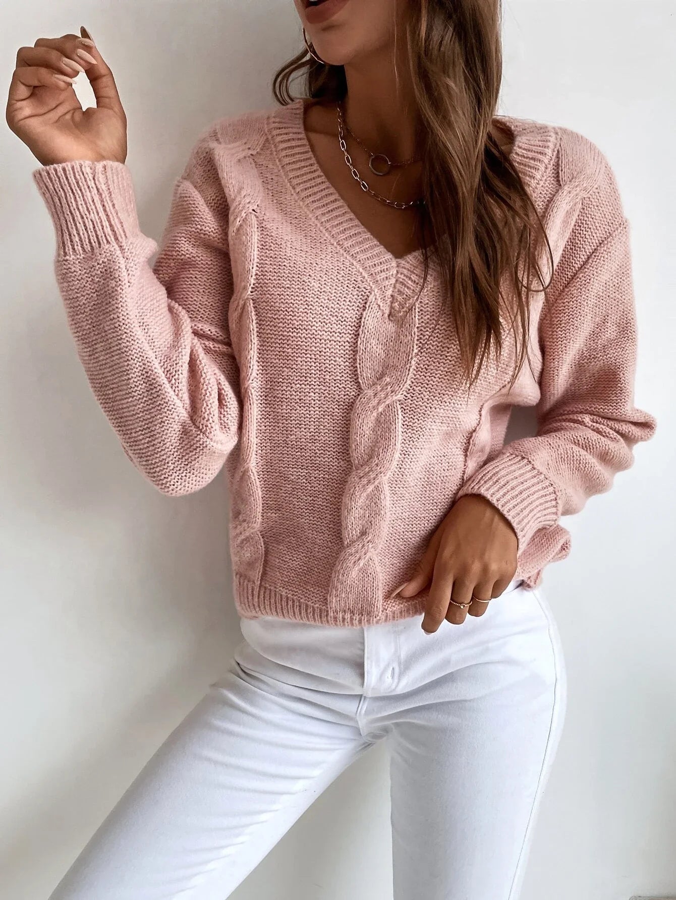 Buy SHEIN LUNE Solid Cable Knit Sweater in Pakistan
