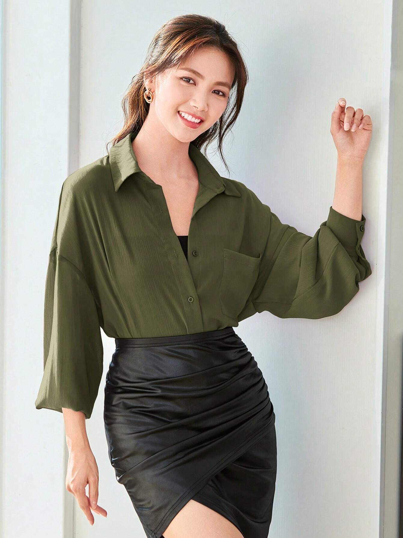 Buy SHEIN LUNE Women Spring/Summer Casual Solid Color Loose Fit Drop-Shoulder Shirt in Pakistan