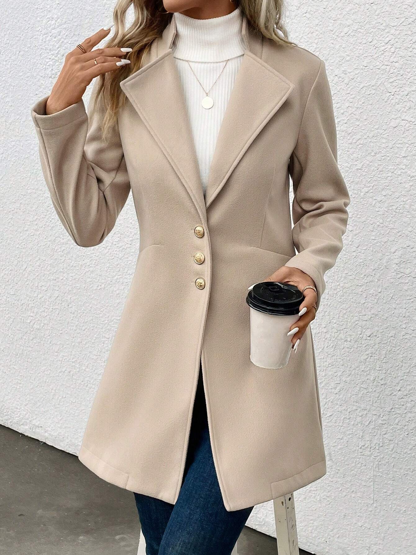 Buy SHEIN LUNE Women's Single-breasted Long Sleeve Woolen Coat in Pakistan