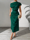 Buy SHEIN LUNE Women's Summer Elegant Solid Color Asymmetric Neckline Cinched Waist Dress Maxi Women Outfit in Pakistan