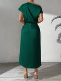 Buy SHEIN LUNE Women's Summer Elegant Solid Color Asymmetric Neckline Cinched Waist Dress Maxi Women Outfit in Pakistan