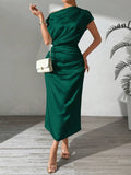 Buy SHEIN LUNE Women's Summer Elegant Solid Color Asymmetric Neckline Cinched Waist Dress Maxi Women Outfit in Pakistan