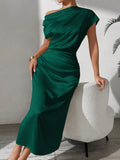 Buy SHEIN LUNE Women's Summer Elegant Solid Color Asymmetric Neckline Cinched Waist Dress Maxi Women Outfit in Pakistan