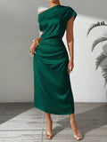 Buy SHEIN LUNE Women's Summer Elegant Solid Color Asymmetric Neckline Cinched Waist Dress Maxi Women Outfit in Pakistan