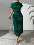 Buy SHEIN LUNE Women's Summer Elegant Solid Color Asymmetric Neckline Cinched Waist Dress Maxi Women Outfit in Pakistan