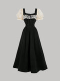 Buy SHEIN MOD Black And Apricot Palace Lace Vintage Bow Puff Sleeve Long Dress in Pakistan