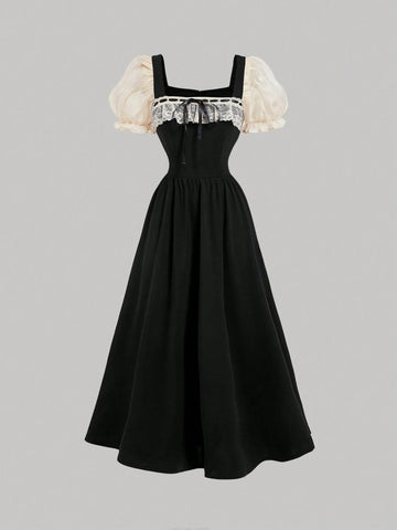 Buy SHEIN MOD Black And Apricot Palace Lace Vintage Bow Puff Sleeve Long Dress in Pakistan