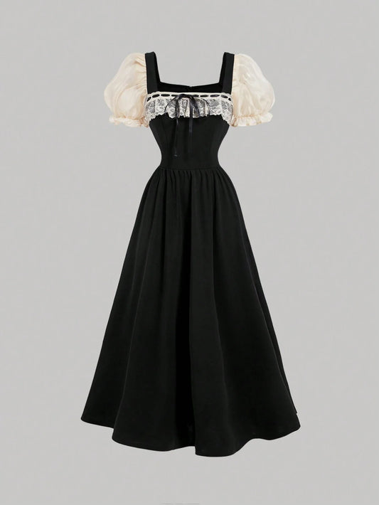 Buy SHEIN MOD Black And Apricot Palace Lace Vintage Bow Puff Sleeve Long Dress in Pakistan