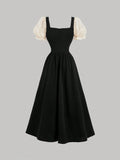 Buy SHEIN MOD Black And Apricot Palace Lace Vintage Bow Puff Sleeve Long Dress in Pakistan
