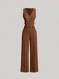Buy SHEIN MOD Camel-Color Front Button Vest And Trousers in Pakistan