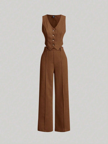 Buy SHEIN MOD Camel-Color Front Button Vest And Trousers in Pakistan