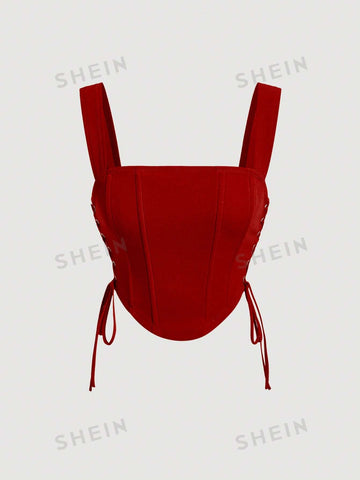 Buy SHEIN MOD Lace Up Side Fish Bone Decoration Curved Hem Wide Straps Red Top in Pakistan