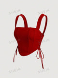 Buy SHEIN MOD Lace Up Side Fish Bone Decoration Curved Hem Wide Straps Red Top in Pakistan