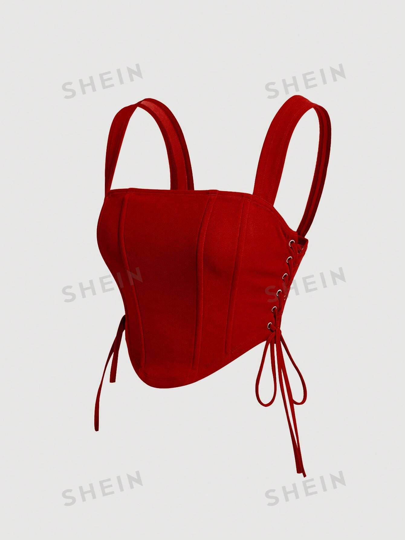 Buy SHEIN MOD Lace Up Side Fish Bone Decoration Curved Hem Wide Straps Red Top in Pakistan