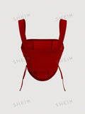 Buy SHEIN MOD Lace Up Side Fish Bone Decoration Curved Hem Wide Straps Red Top in Pakistan