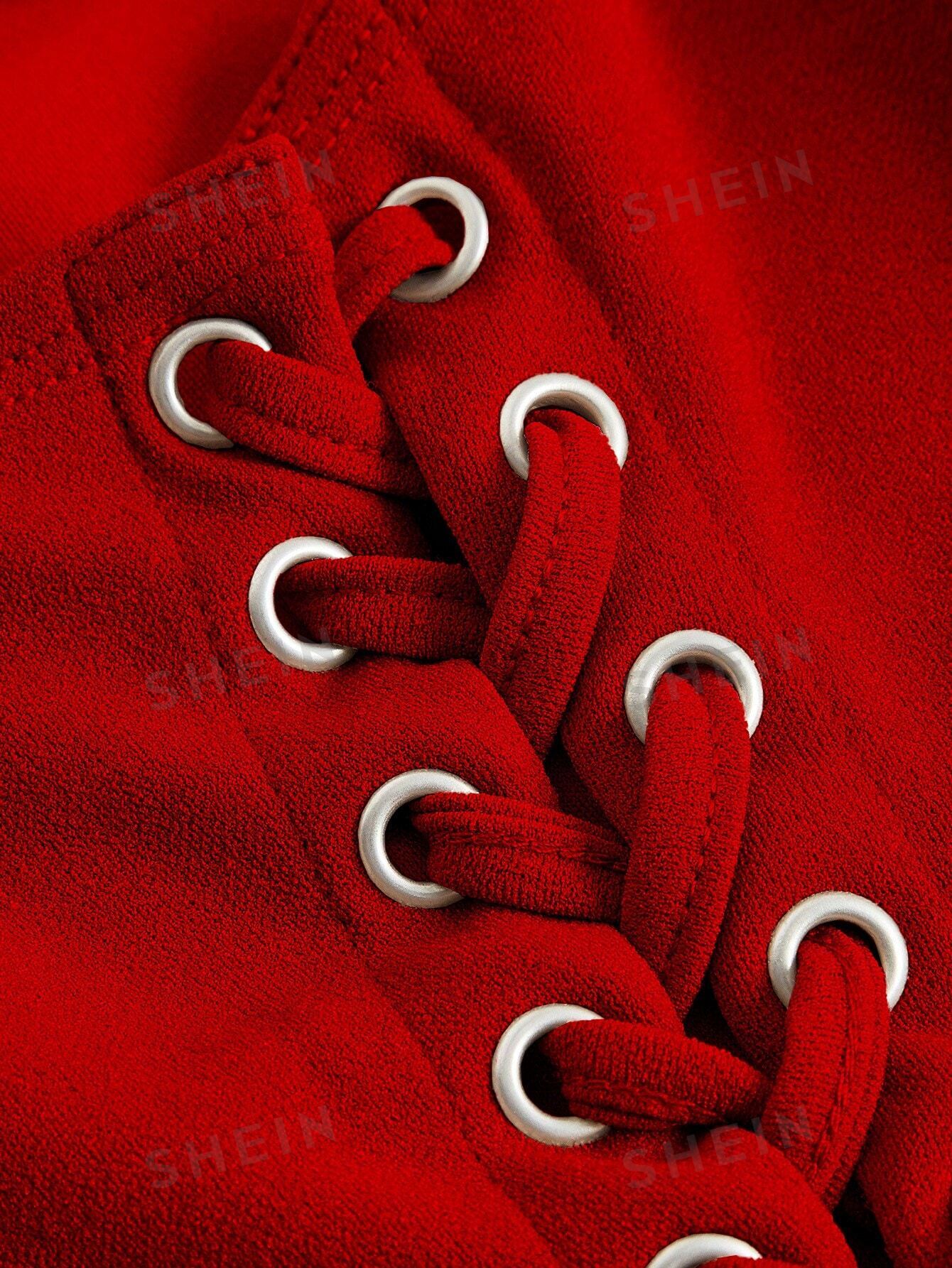 Buy SHEIN MOD Lace Up Side Fish Bone Decoration Curved Hem Wide Straps Red Top in Pakistan