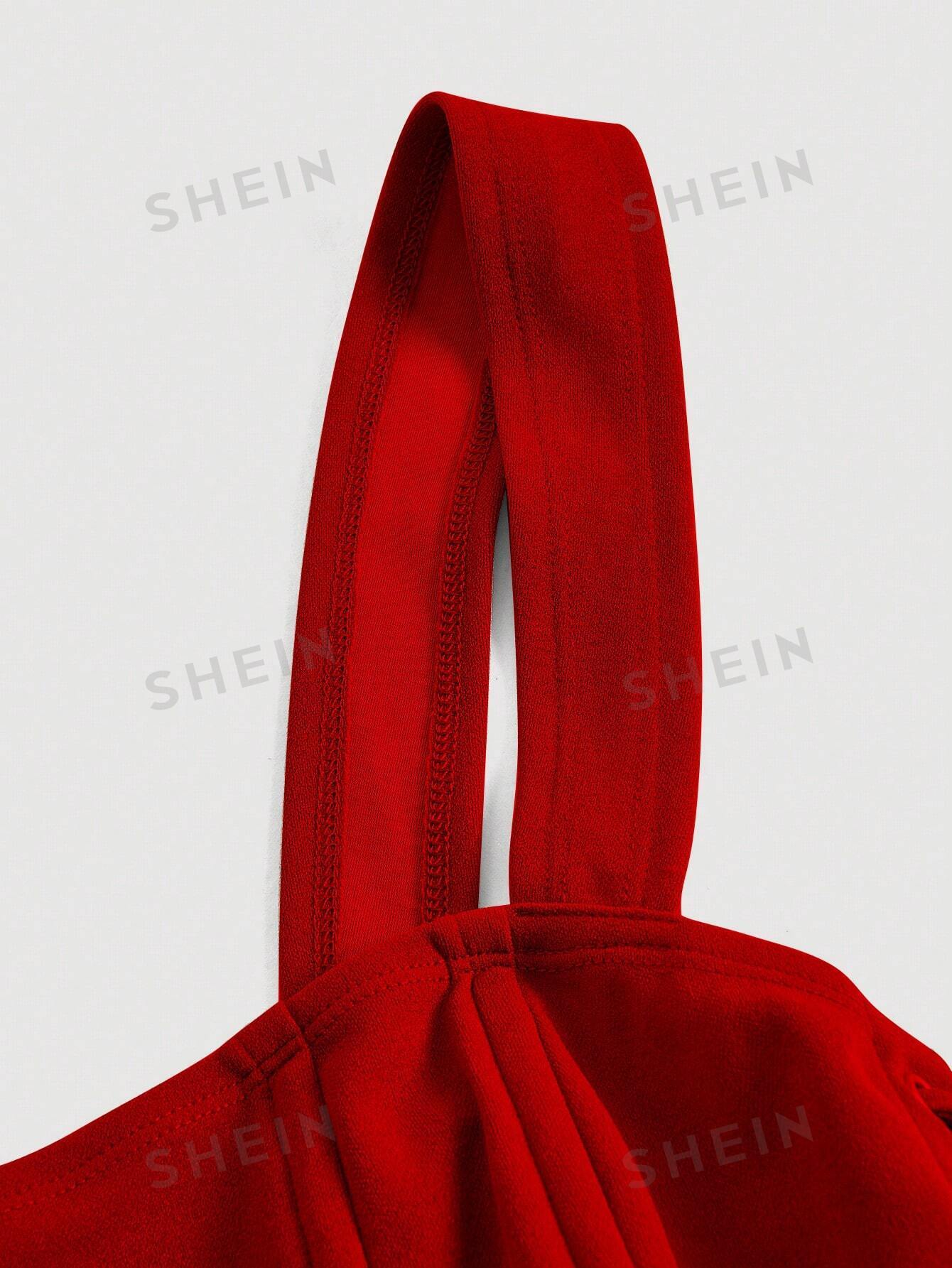 Buy SHEIN MOD Lace Up Side Fish Bone Decoration Curved Hem Wide Straps Red Top in Pakistan