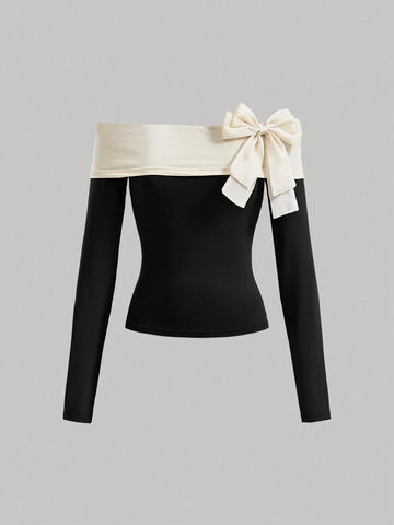 Buy SHEIN MOD Night Outfit Color Block Bow Decorated Off Shoulder T-Shirt in Pakistan