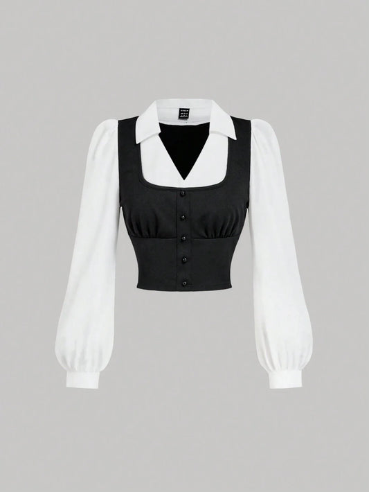 Buy SHEIN MOD Turndown Collar Long Sleeve Contrast Color Chest Ruched Black & White Contrast Color Shirt in Pakistan