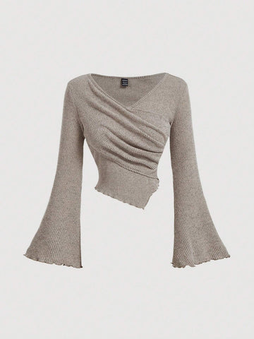 Buy SHEIN MOD Women's Apricot V-Neck Bell Sleeve T-Shirt in Pakistan