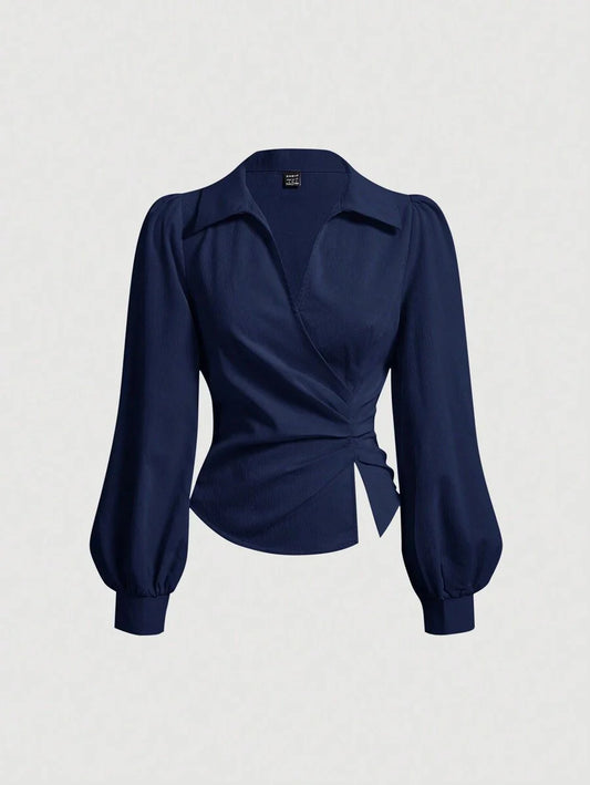 Buy SHEIN MOD Women's Elegant Solid Color Lantern Sleeve Pleated Slit Hem Blouse in Pakistan